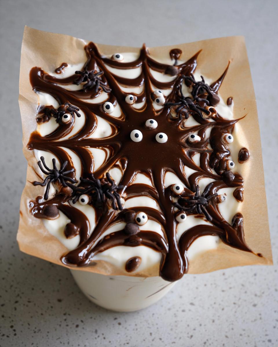 Overhead view of Spider Web Yogurt Parfaits with chocolate spiderweb, candy eyes, and spider decorations.
