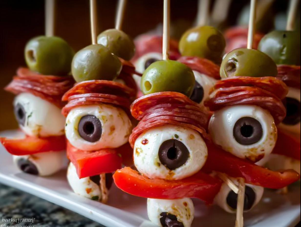 Close-up of 20-Minute Spooky Caprese Bites (Mozzarella “Eyeballs”) on skewers with olives, pepperoni and red pepper.