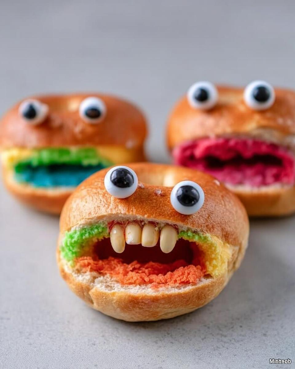 A close-up of a spooky Halloween bagel decorated as a monster with candy fangs and googly eyes.