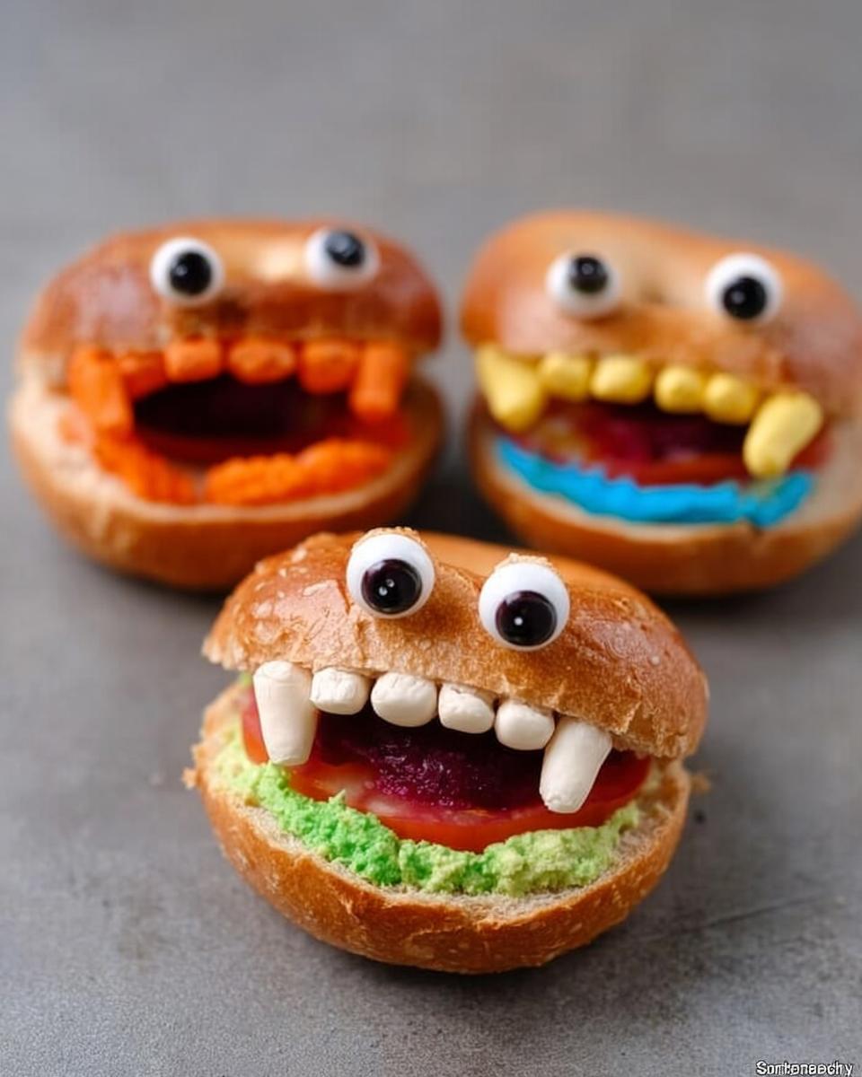 Three spooky Halloween bagel ideas decorated as monsters with candy eyes and colorful frosting teeth.