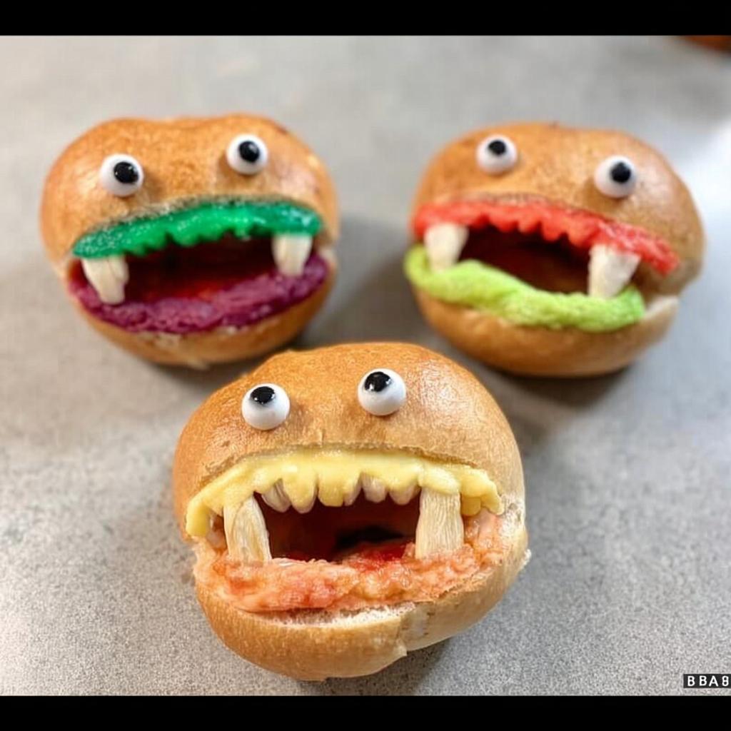 Three spooky Halloween bagel ideas decorated to look like monsters with candy eyes and fangs.