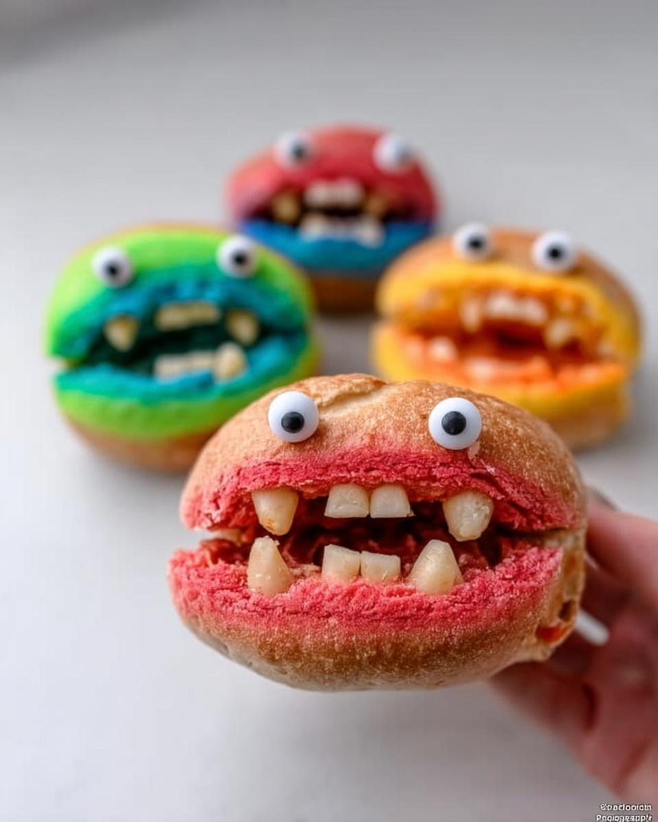 Close-up of a pink bagel decorated as a monster with candy eyes and sharp white fangs, with other colorful monster bagels in the background.