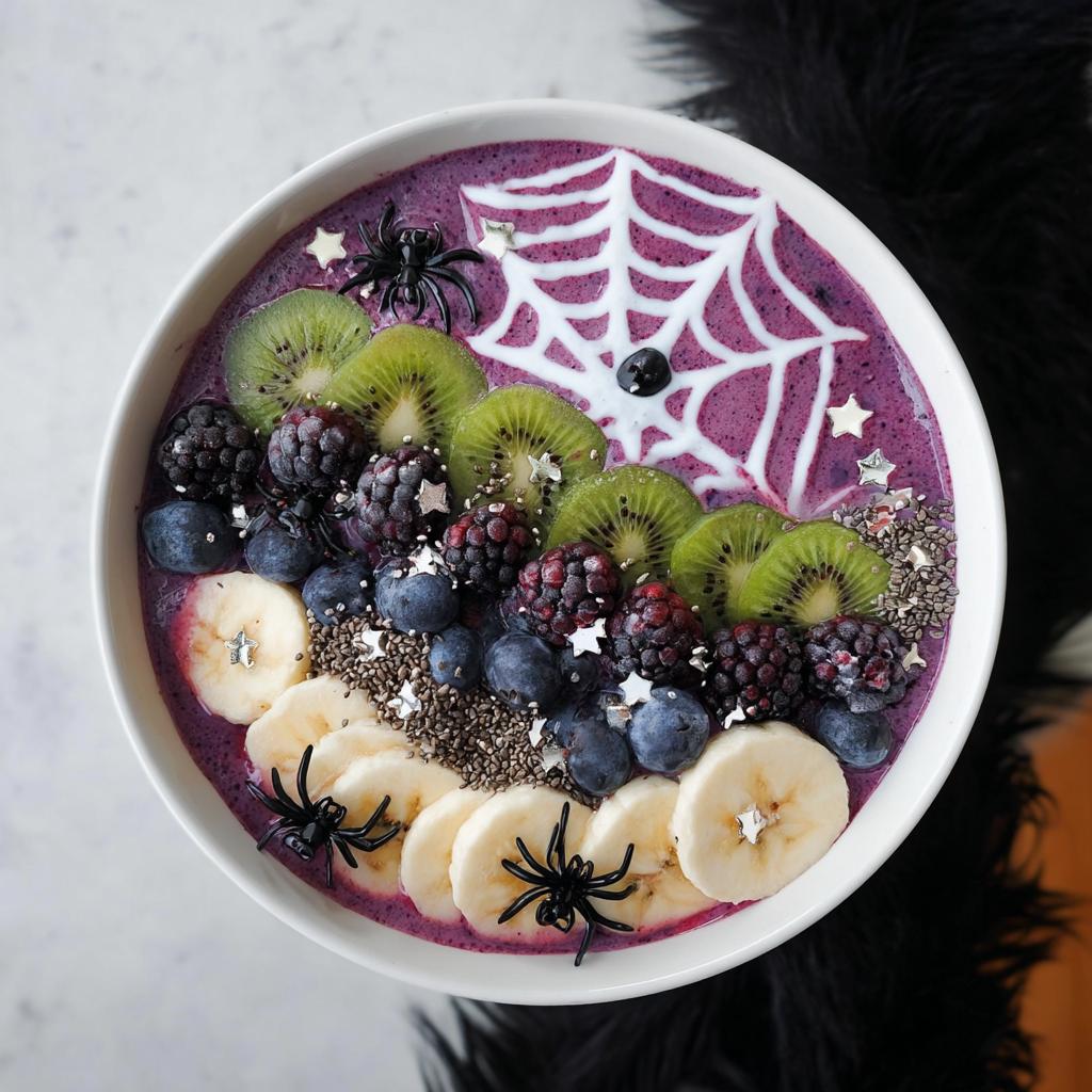 A vibrant purple Spooky Halloween Smoothie Bowl topped with kiwi, berries, banana slices, chia seeds, and a white spiderweb design.