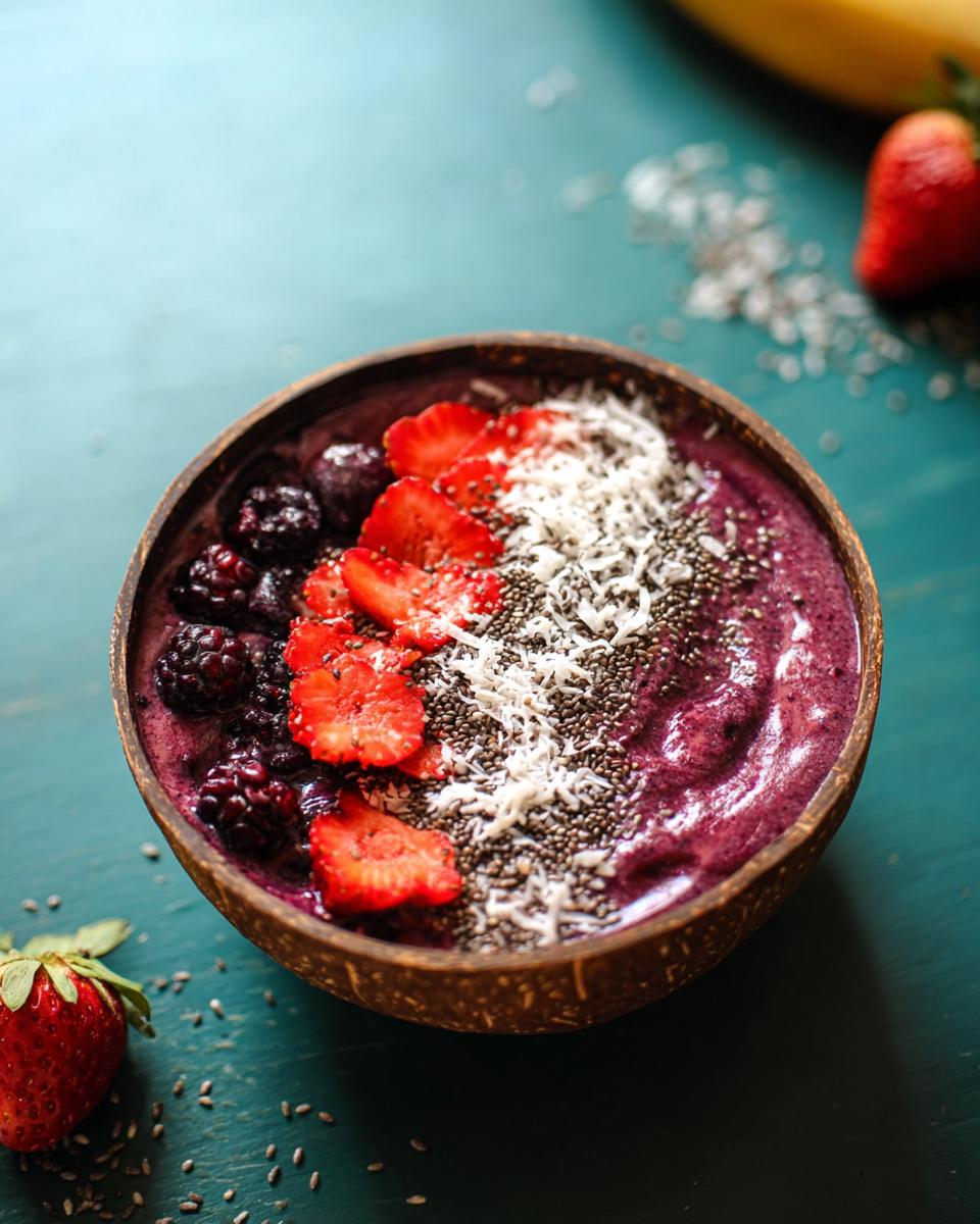 A vibrant Spooky Smoothie Bowl topped with strawberries, blackberries, chia seeds, and coconut flakes in a wooden bowl.