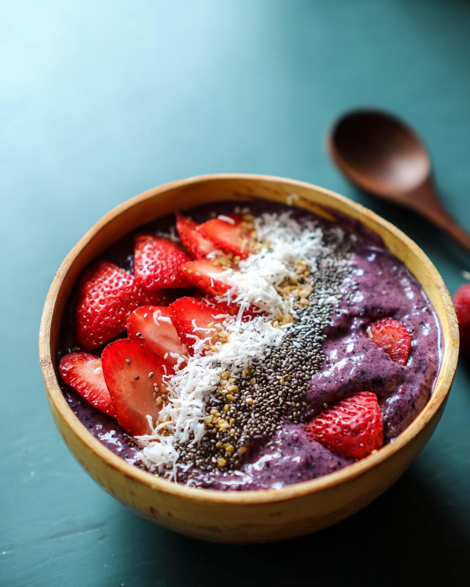 A vibrant Spooky Smoothie Bowl topped with fresh strawberries, coconut flakes, and chia seeds in a wooden bowl.