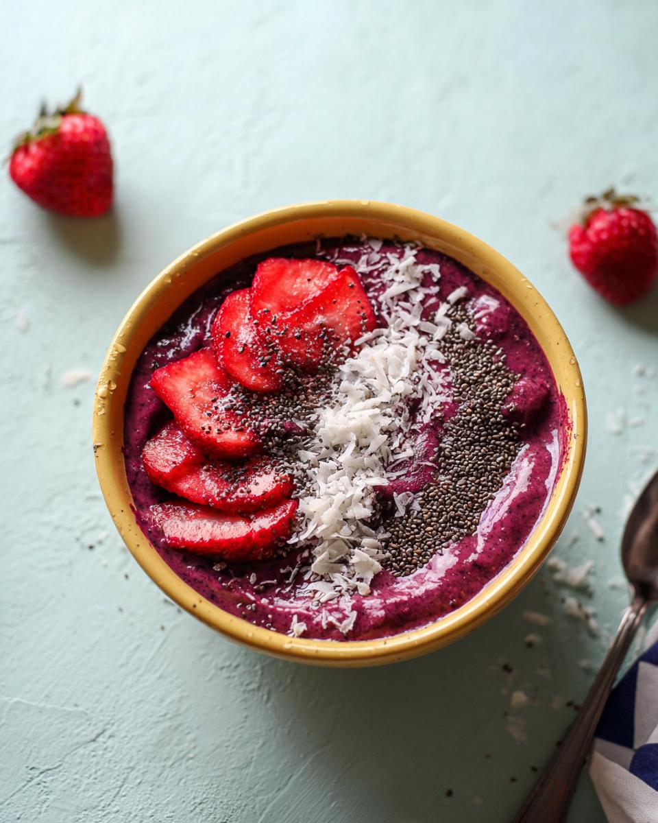 Overhead shot of a Spooky Smoothie Bowl, topped with sliced strawberries, chia seeds, and coconut flakes.
