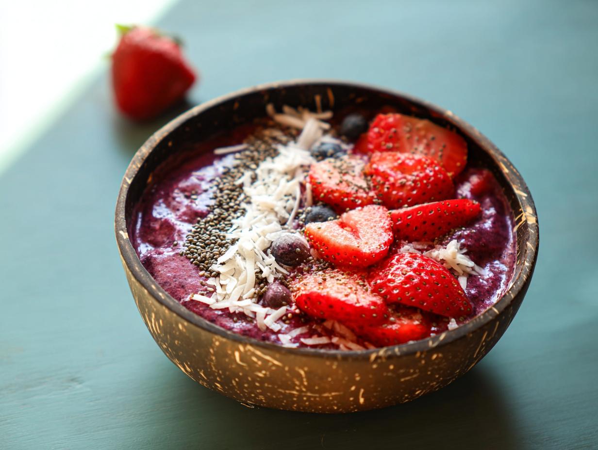 A vibrant Spooky Smoothie Bowl in a coconut shell, topped with strawberries, blueberries, chia seeds, and coconut flakes.