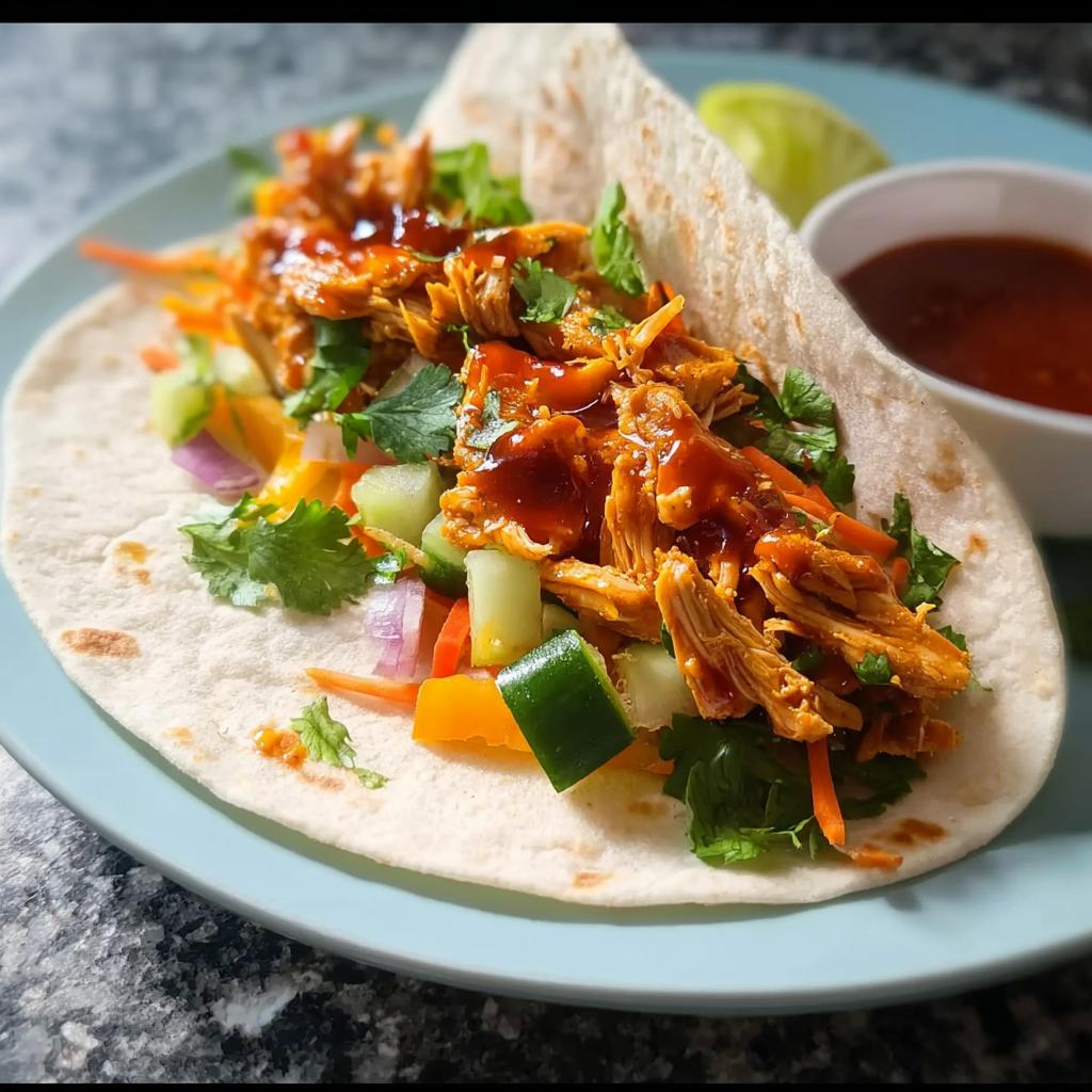 A close-up of a Sweet Chili Chicken Wrap filled with shredded chicken, fresh vegetables, and drizzled with sauce.