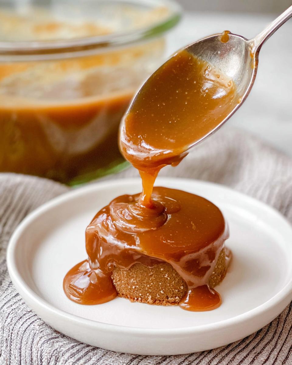 A spoon generously drizzles rich Sweet Irish Cream Dessert Sauce over a small cake on a white plate.