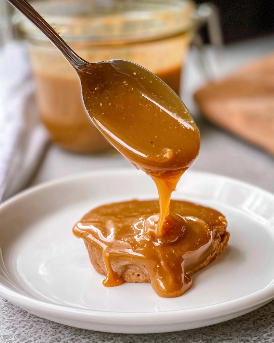 A spoon drizzling rich Sweet Irish Cream Dessert Sauce over a small cake on a white plate.