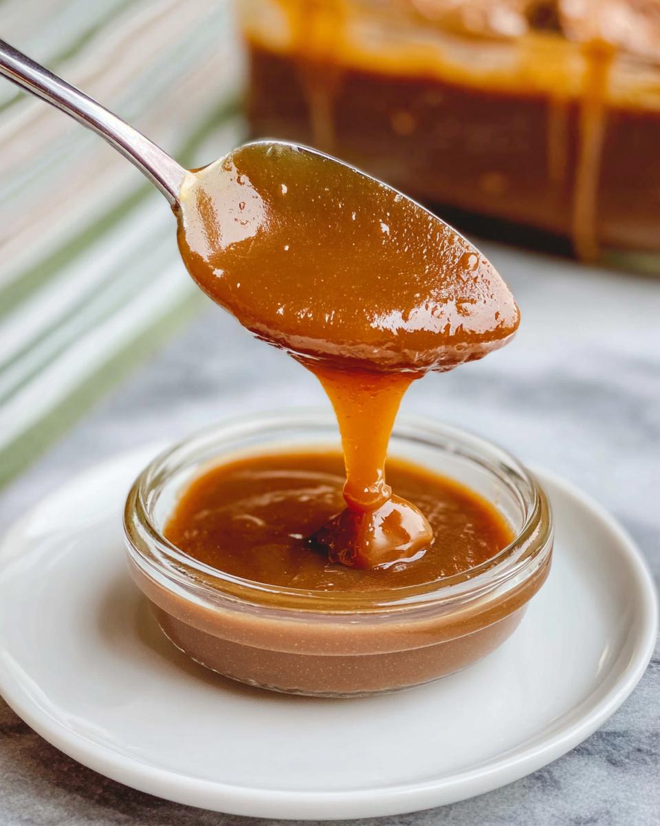 A spoon is drizzling rich, glossy Sweet Irish Cream Dessert Sauce into a small glass bowl.