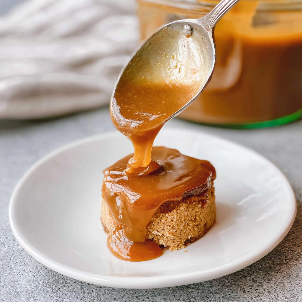 A spoon pours rich Sweet Irish Cream Dessert Sauce over a small round cake on a white plate.