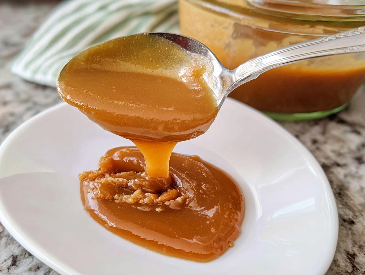 A spoon pouring thick, glossy Sweet Irish Cream Dessert Sauce onto a white plate.