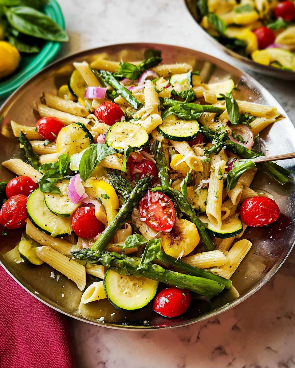 A close-up of a large bowl filled with Vegetable Primavera Pasta, featuring penne, zucchini, asparagus, cherry tomatoes, and red onion.