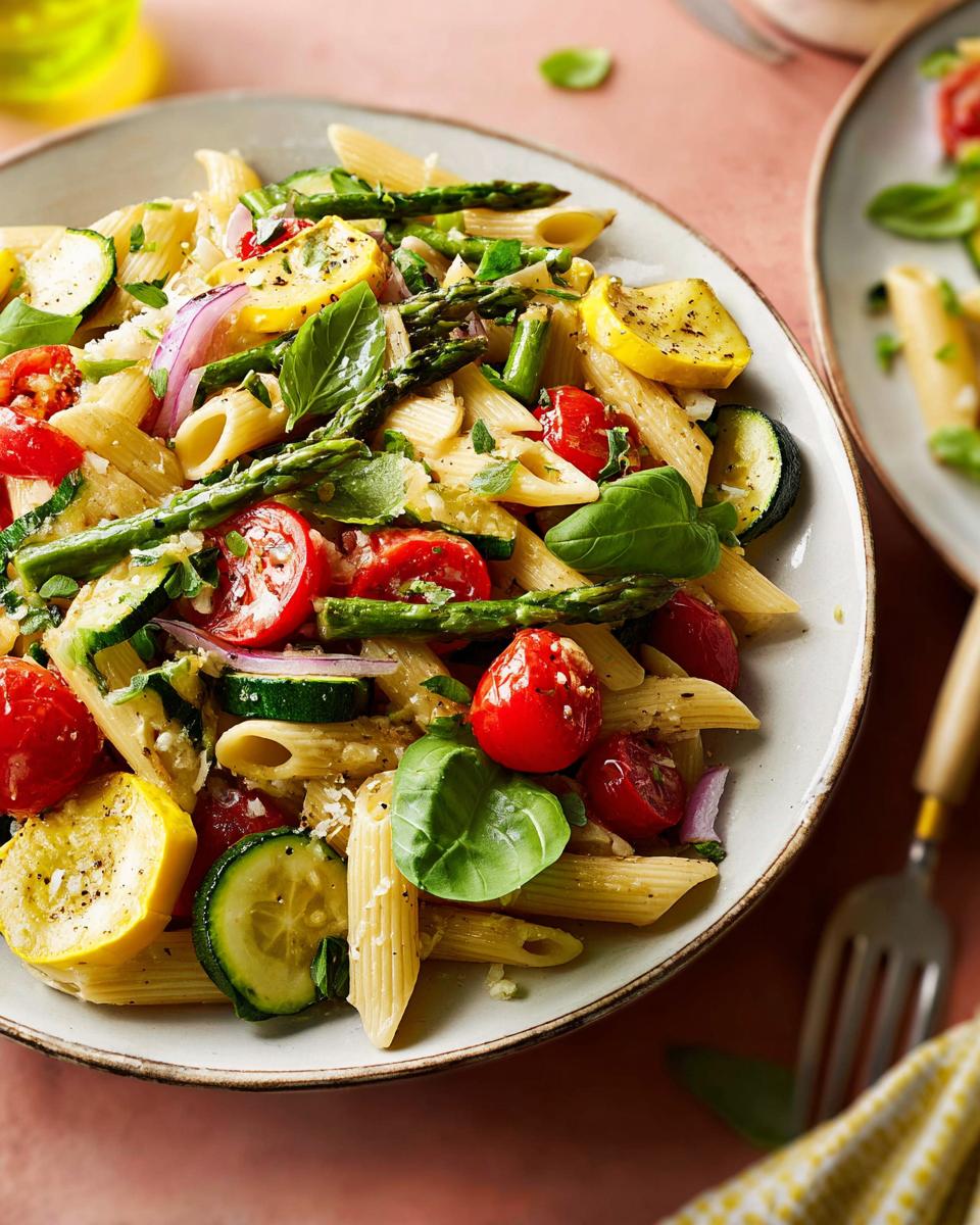 A close-up of a bowl filled with Vegetable Primavera Pasta, featuring penne, asparagus, zucchini, cherry tomatoes, and yellow squash.