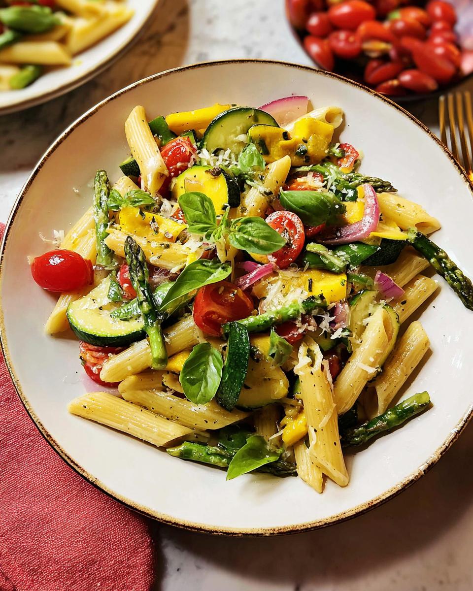 A close-up of a bowl of Vegetable Primavera Pasta, featuring penne pasta with zucchini, asparagus, cherry tomatoes, and red onion.