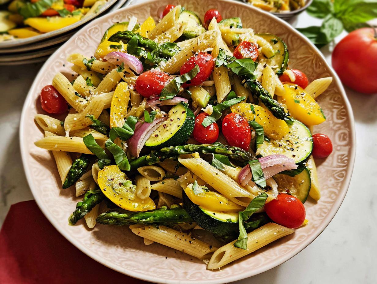 A colorful plate of Vegetable Primavera Pasta with penne, zucchini, cherry tomatoes, asparagus, yellow bell peppers, and red onion.