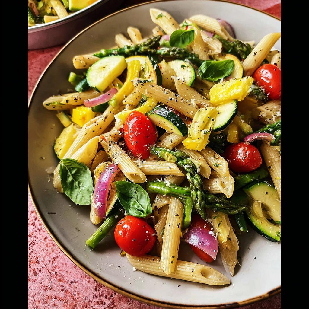 A close-up of Vegetable Primavera Pasta with penne, asparagus, zucchini, tomatoes, and red onion.