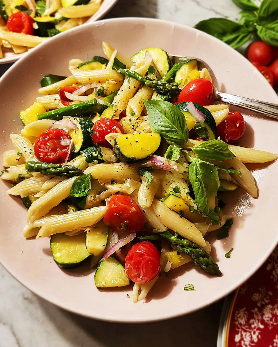 A close-up of a pink plate filled with Vegetable Primavera Pasta, featuring penne, zucchini, cherry tomatoes, asparagus, and basil.