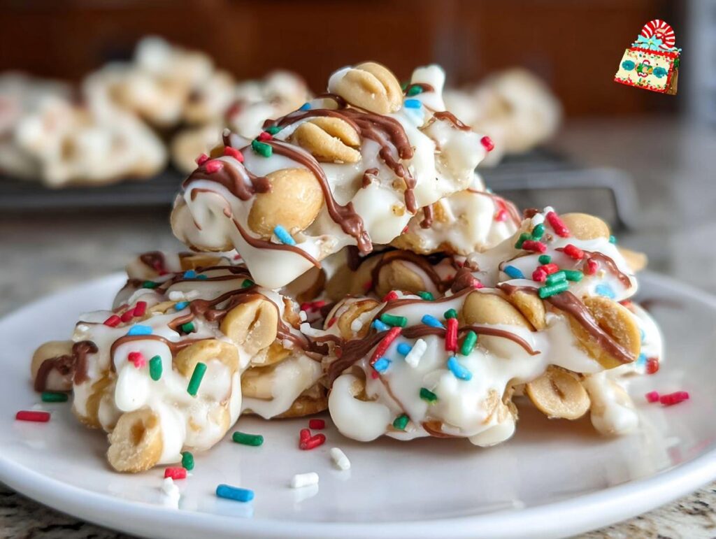 A stack of White Chocolate Christmas Clusters topped with peanuts, chocolate drizzle, and festive sprinkles.