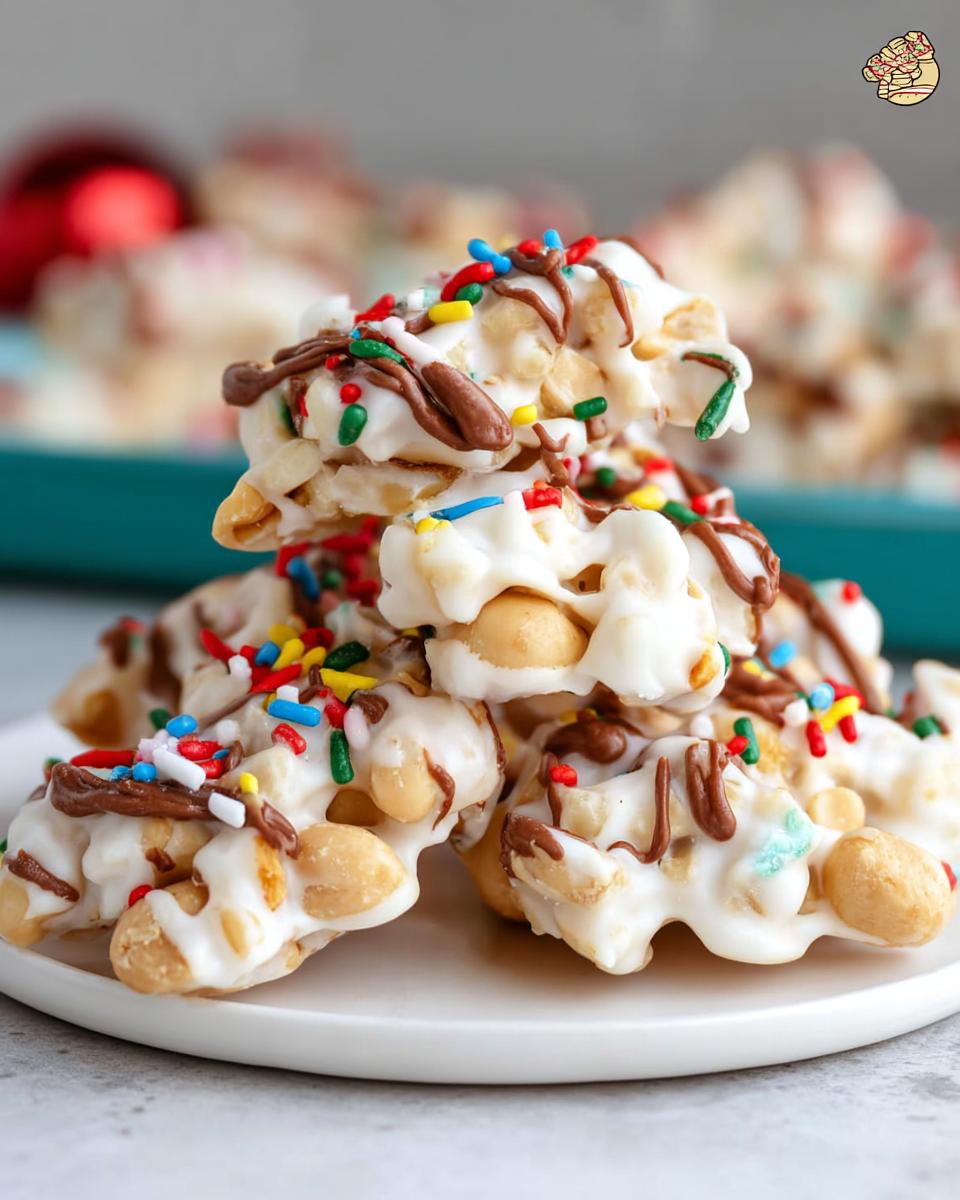 A close-up of a stack of White Chocolate Christmas Clusters, drizzled with chocolate and topped with colorful sprinkles.