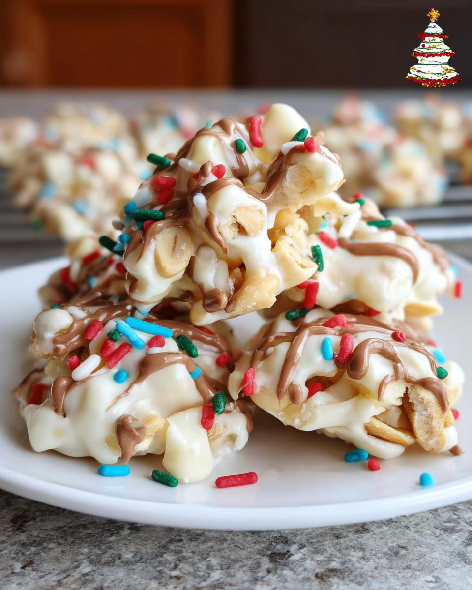 Close-up of White Chocolate Christmas Clusters drizzled with chocolate and festive sprinkles.