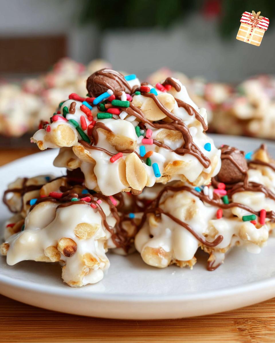 Close-up of festive White Chocolate Christmas Clusters topped with chocolate drizzle and colorful sprinkles.