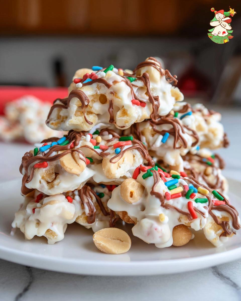 A stack of White Chocolate Christmas Clusters, drizzled with chocolate and topped with colorful sprinkles and peanuts.