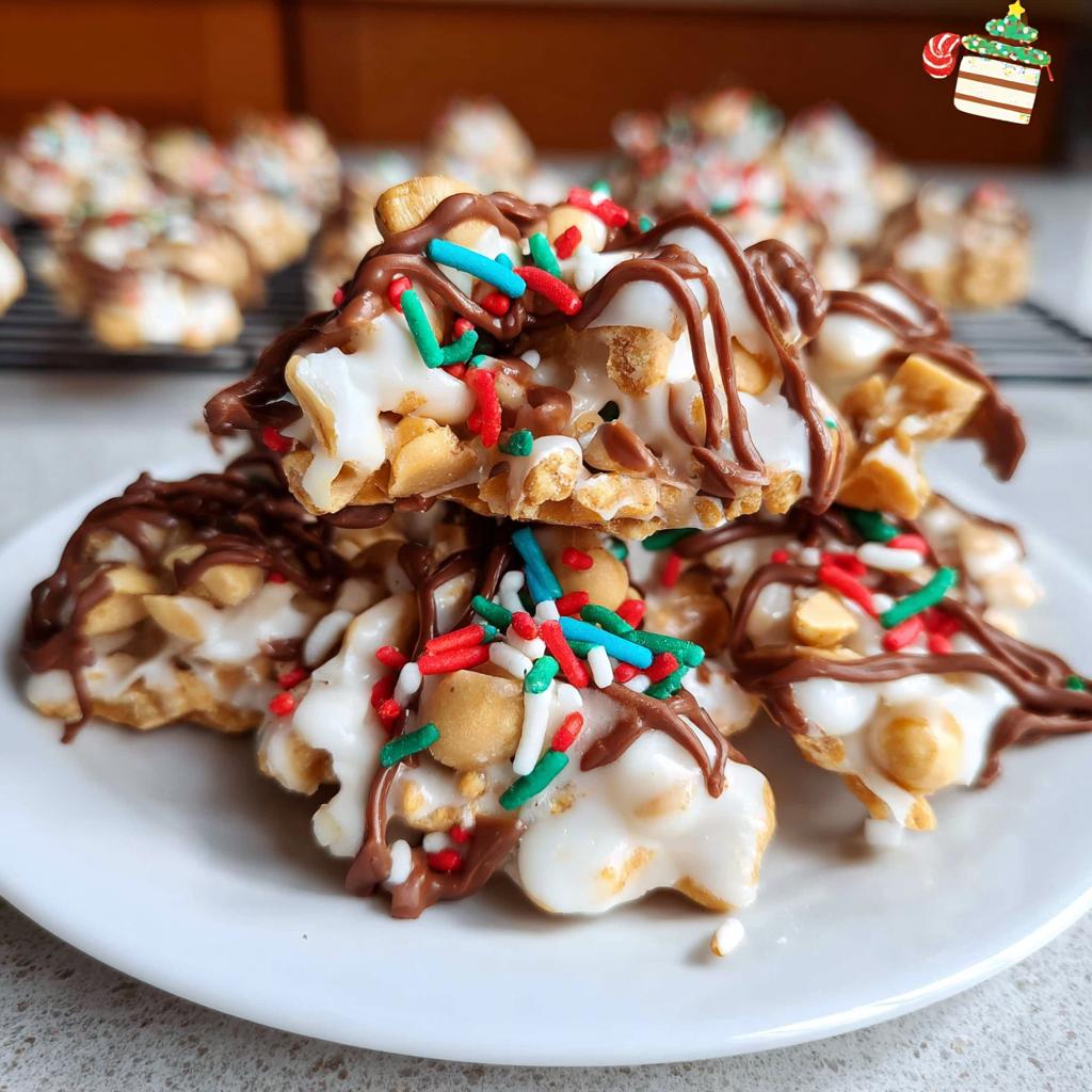 A stack of White Chocolate Christmas Clusters drizzled with chocolate and topped with festive sprinkles.