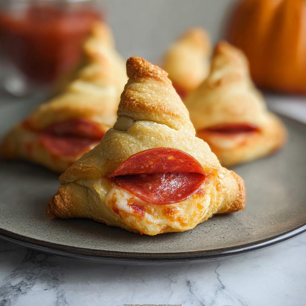 Close-up of Witch Hat Crescent Roll Bites with pepperoni and cheese on a gray plate.