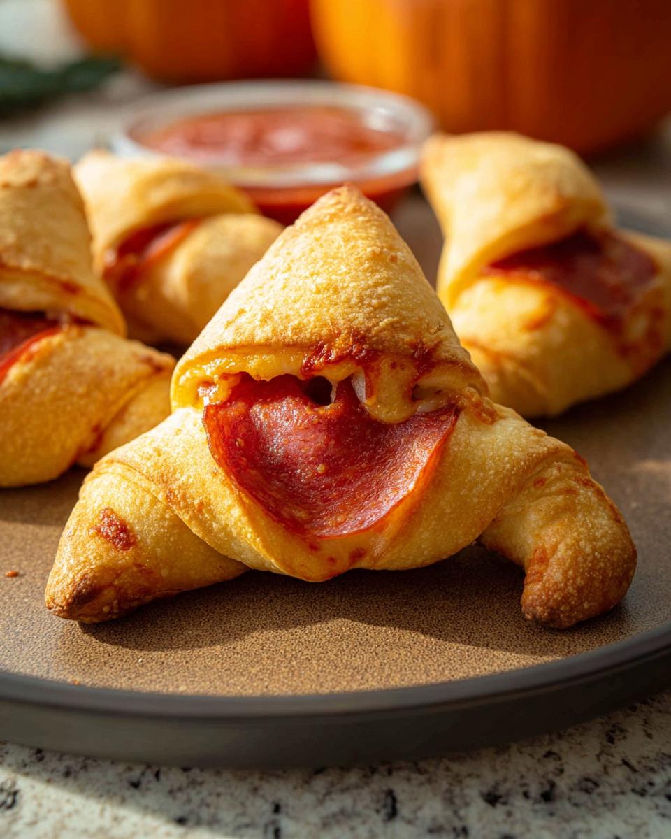 Close-up of Witch Hat Crescent Roll Bites filled with pepperoni and cheese on a plate.