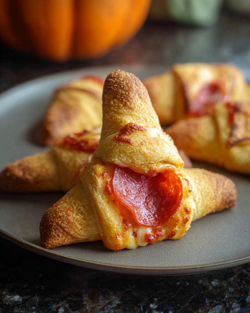 Close-up of Witch Hat Crescent Roll Bites with pepperoni on a plate, a fun Halloween treat.