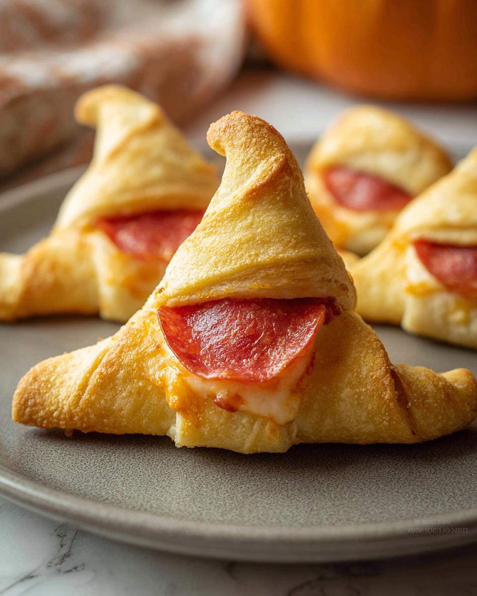 Close-up of Witch Hat Crescent Roll Bites with pepperoni and cheese on a gray plate.