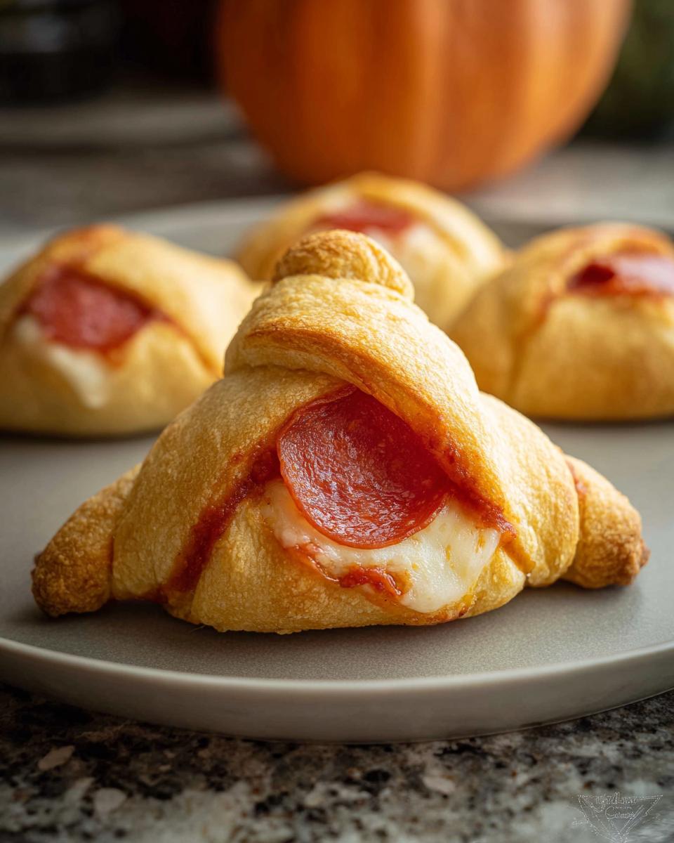 Close-up of Witch Hat Crescent Roll Bites filled with melted cheese and pepperoni, on a gray plate.