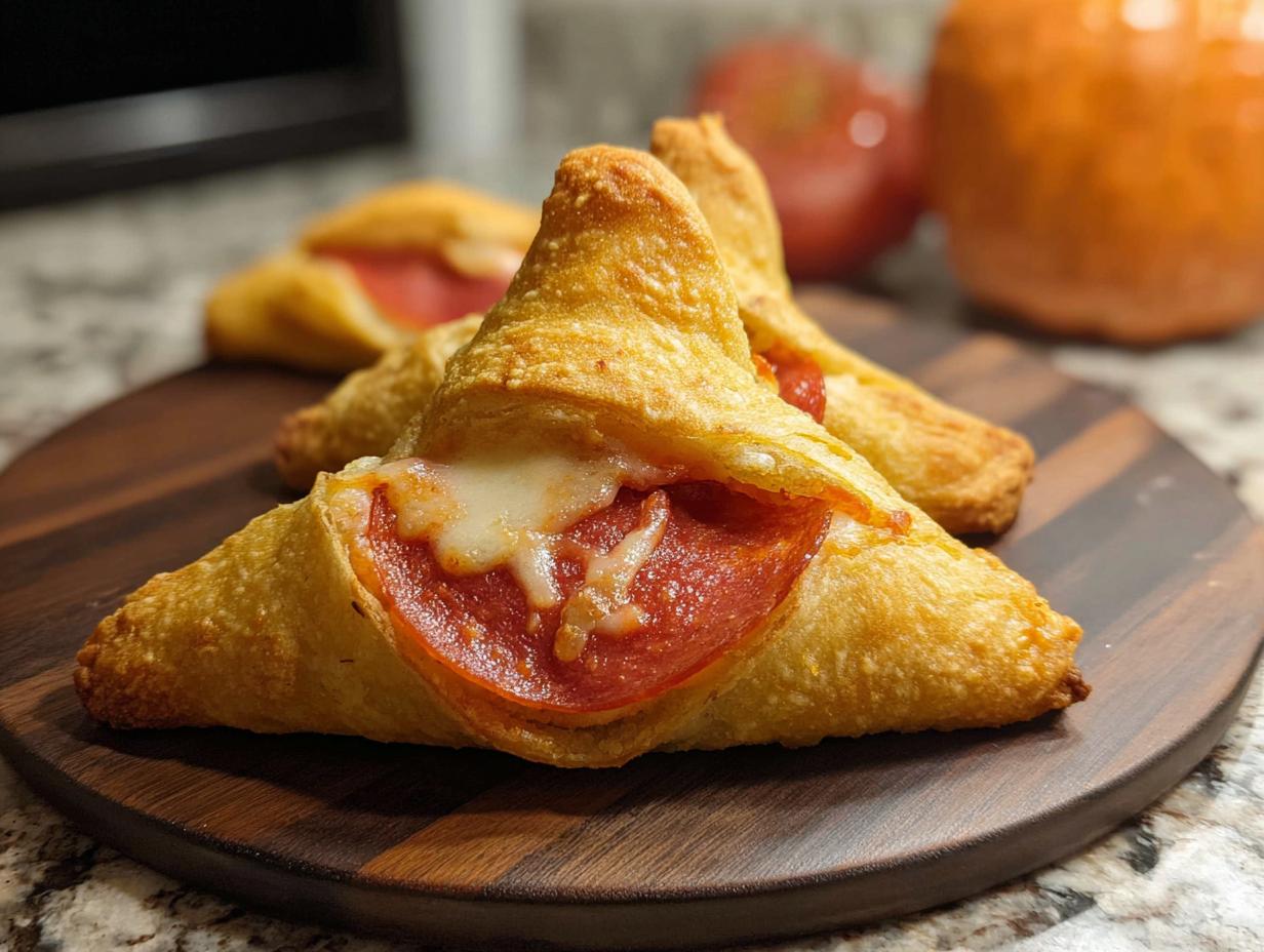 Close-up of Witch Hat Crescent Roll Bites with pepperoni and cheese on a wooden board.