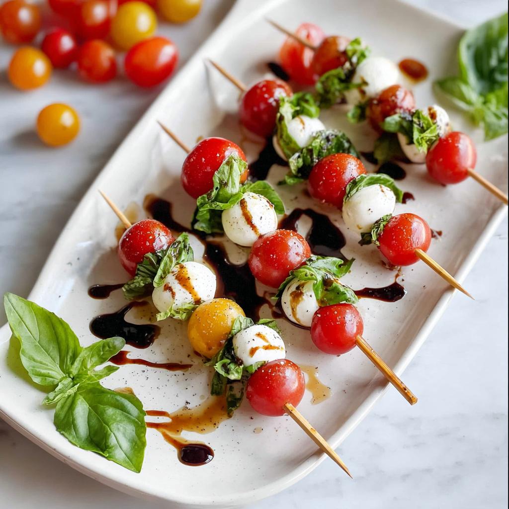 Close-up of several 5-Ingredient Caprese Skewers featuring cherry tomatoes, mozzarella balls, and basil drizzled with balsamic glaze.
