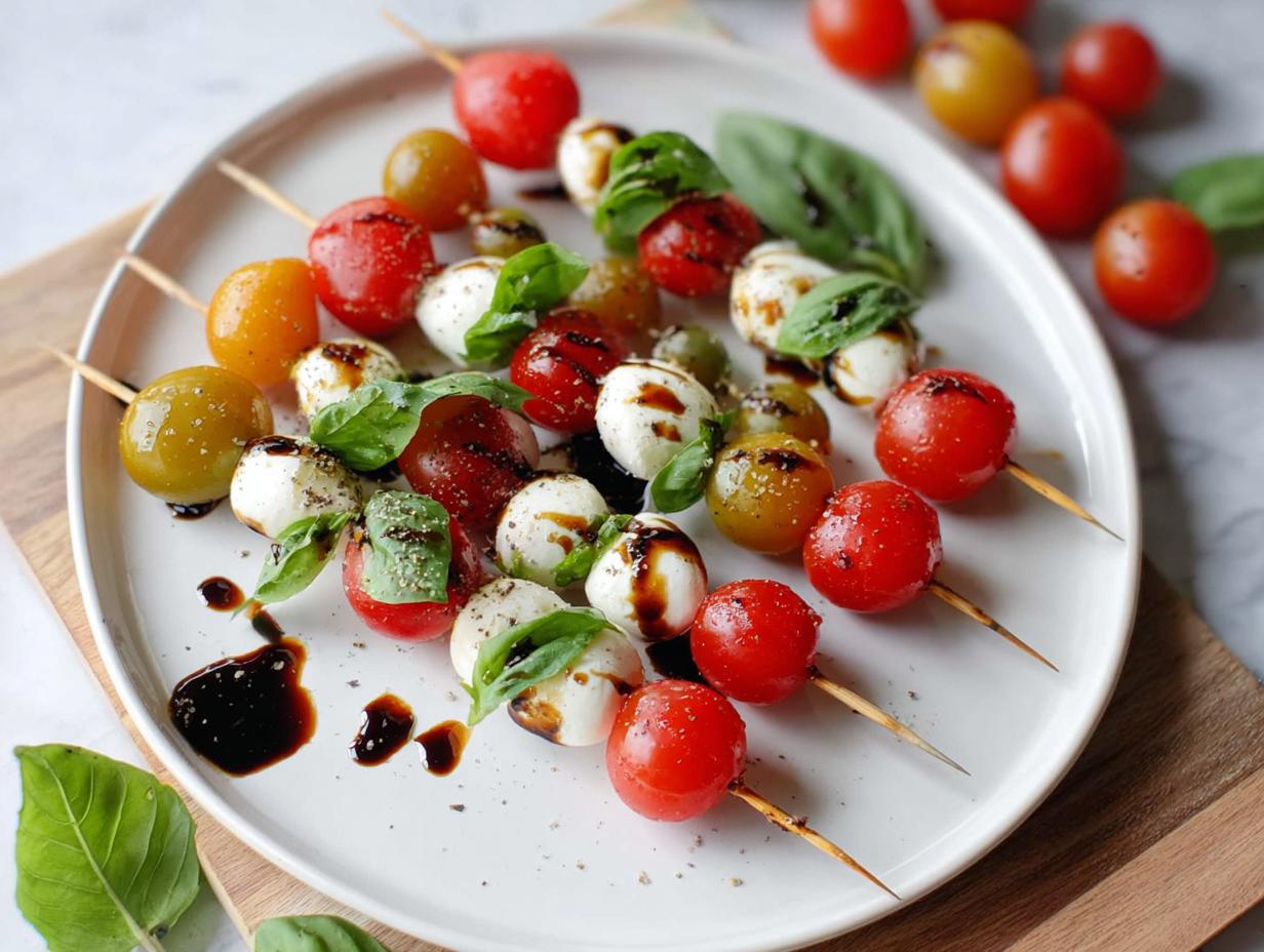Close-up of several 5-Ingredient Caprese Skewers featuring cherry tomatoes, mozzarella balls, and basil drizzled with balsamic glaze.
