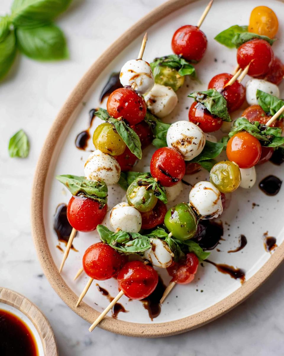 Several 5-Ingredient Caprese Skewers featuring cherry tomatoes, mozzarella balls, and basil drizzled with balsamic glaze.