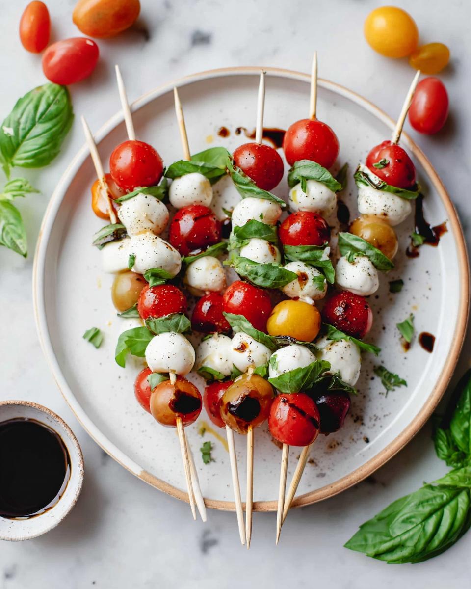 Four skewers of 5-Ingredient Caprese Skewers featuring cherry tomatoes, mozzarella balls, and basil, drizzled with balsamic glaze.