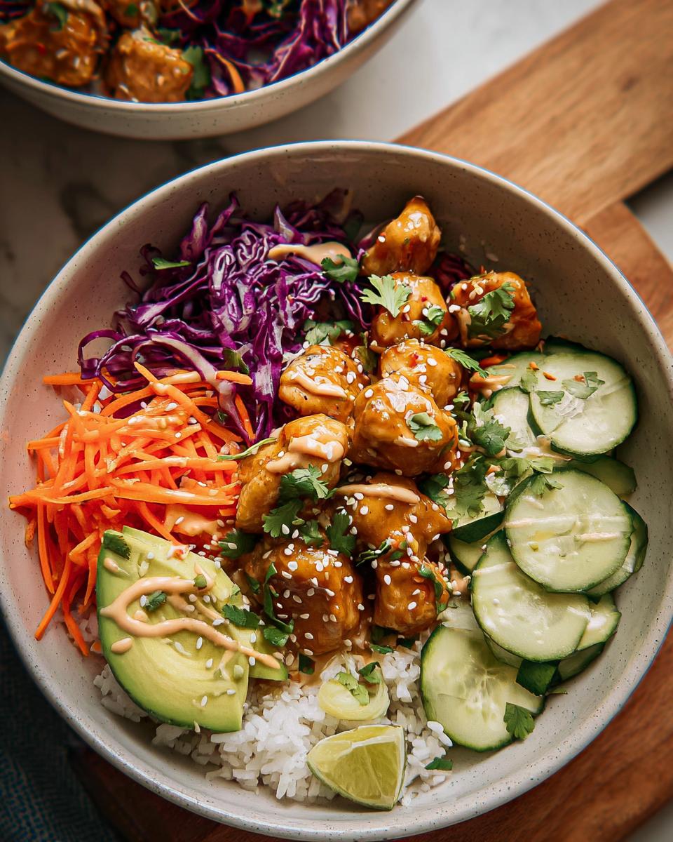 A vibrant Bang Bang Chicken Bowl featuring saucy chicken pieces over rice, topped with avocado, shredded carrots, cucumber, and red cabbage.