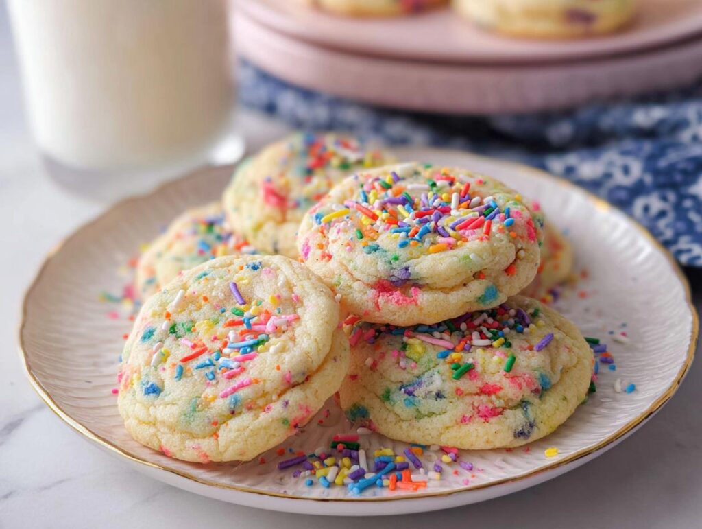 A stack of soft, freshly baked Confetti Sprinkle Cookies topped with colorful jimmies on a white plate.