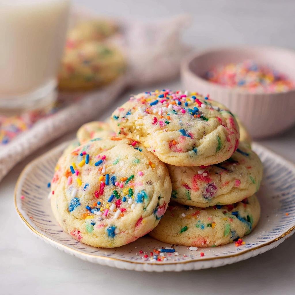 A stack of soft, chewy Confetti Sprinkle Cookies loaded with colorful sprinkles, served next to a glass of milk.