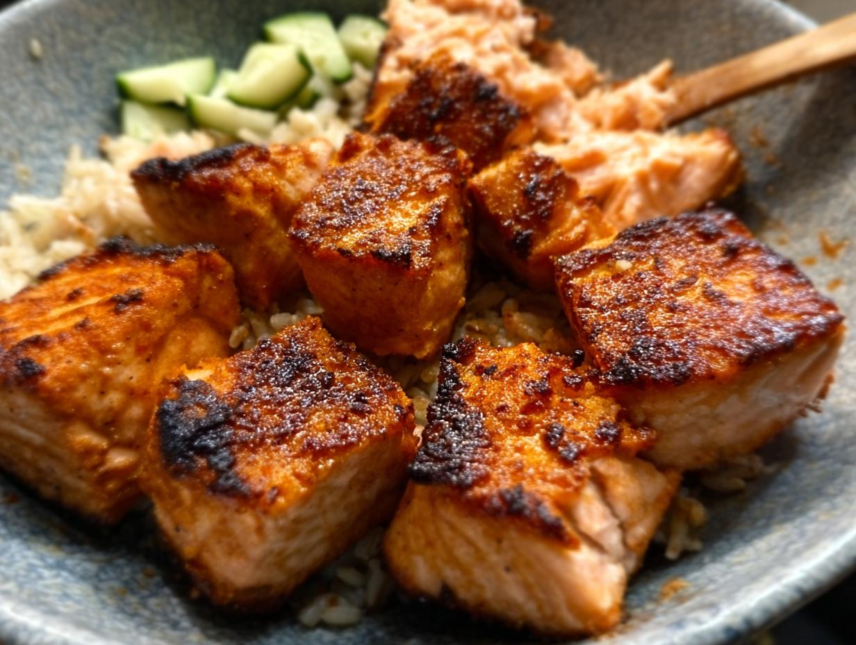 Close-up of crispy-edged Air Fryer Salmon cubes served over brown rice with sliced cucumbers.