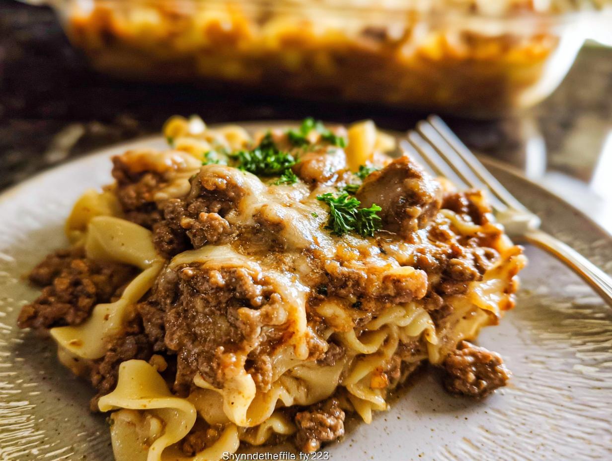 A close-up serving of cheesy Amazing Beef Enchilada Casserole with ground beef and noodles, garnished with parsley.