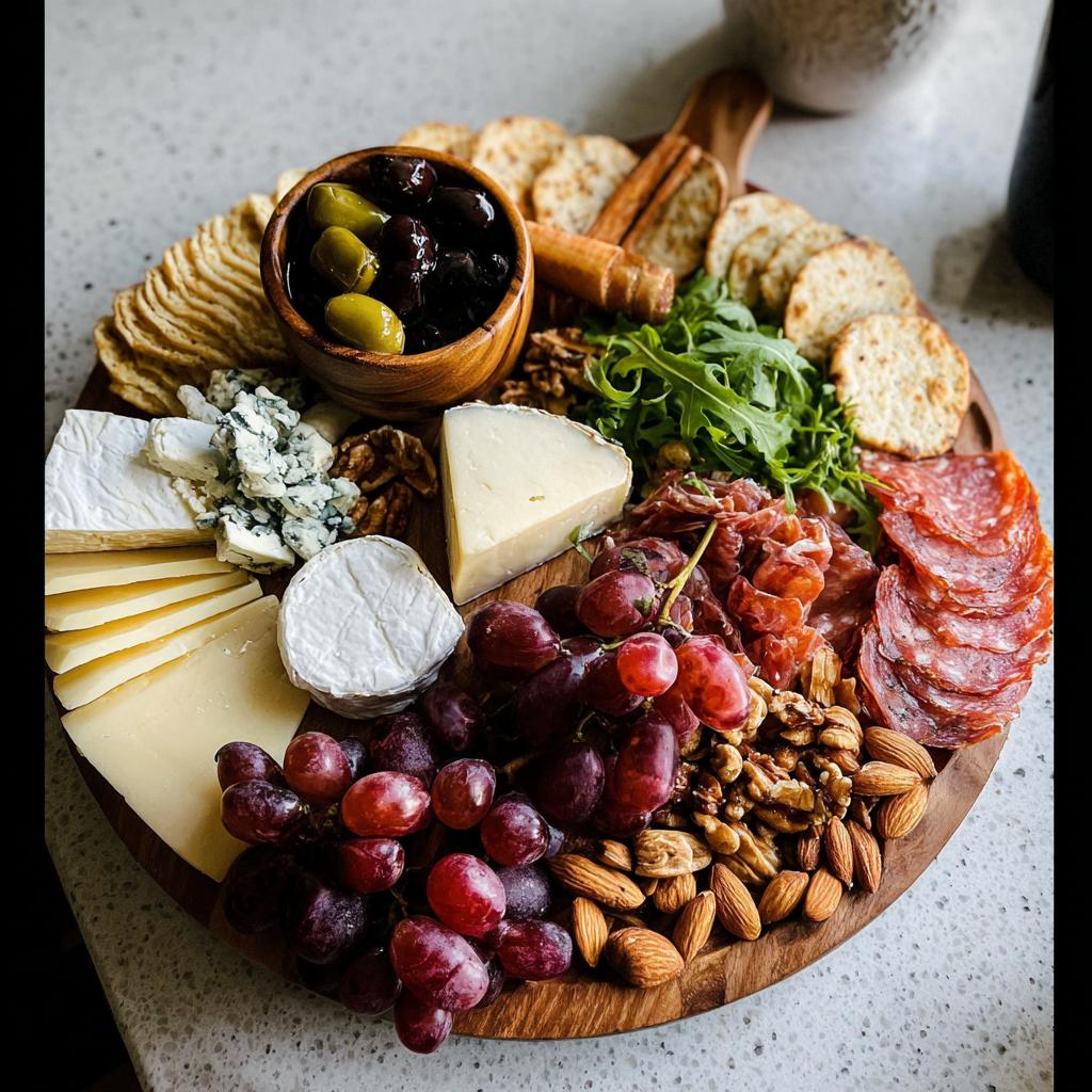 A beautifully arranged, round wooden board featuring an amazing Cheese Board in 10 Minutes with various cheeses, grapes, nuts, and crackers.