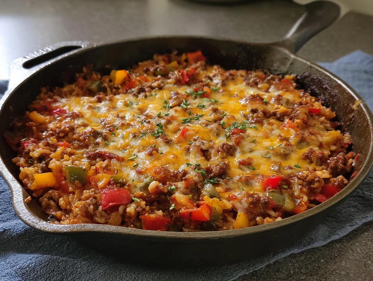 Close-up of Amazing Stuffed Pepper Casserole topped with melted cheddar and herbs in a dark cast iron skillet.