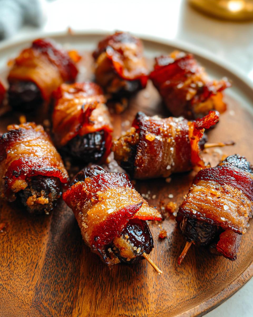 Close-up of several perfectly cooked Bacon-Wrapped Dates sprinkled with coarse salt on a rustic wooden platter.