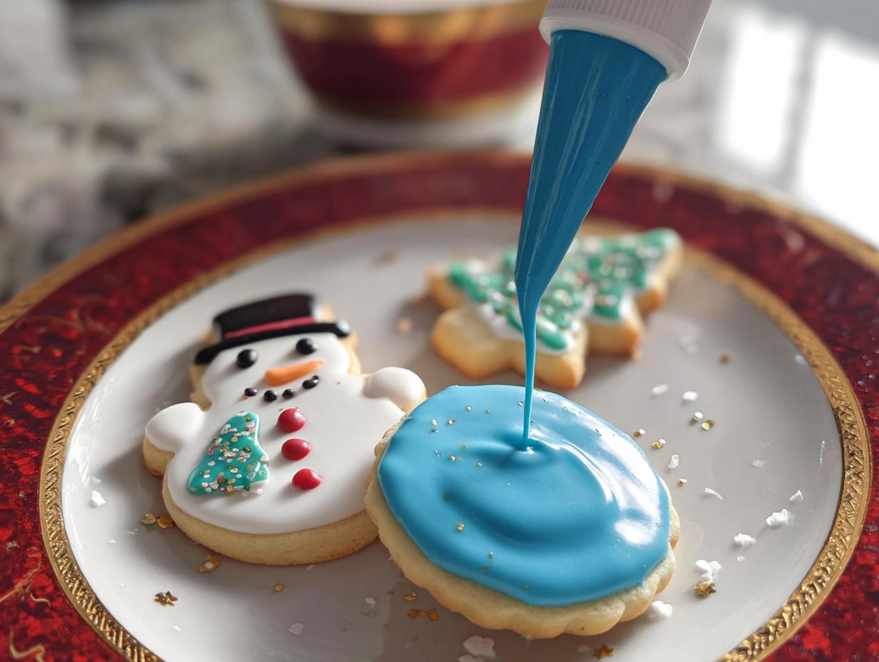 A piping bag dispenses bright blue Royal Icing onto a sugar cookie while a decorated snowman cookie sits nearby.