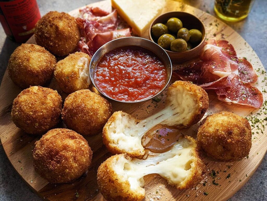 Cheesy, melted arancini balls served on a platter as part of an elegant New Year’s Eve Dinner Menu.