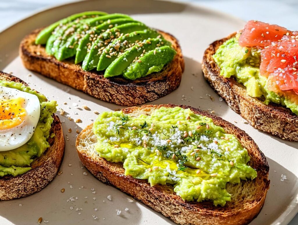 Four different slices of healthy Avocado Toast 5 Ways, featuring toppings like sliced avocado, egg, grapefruit, and mashed avocado.